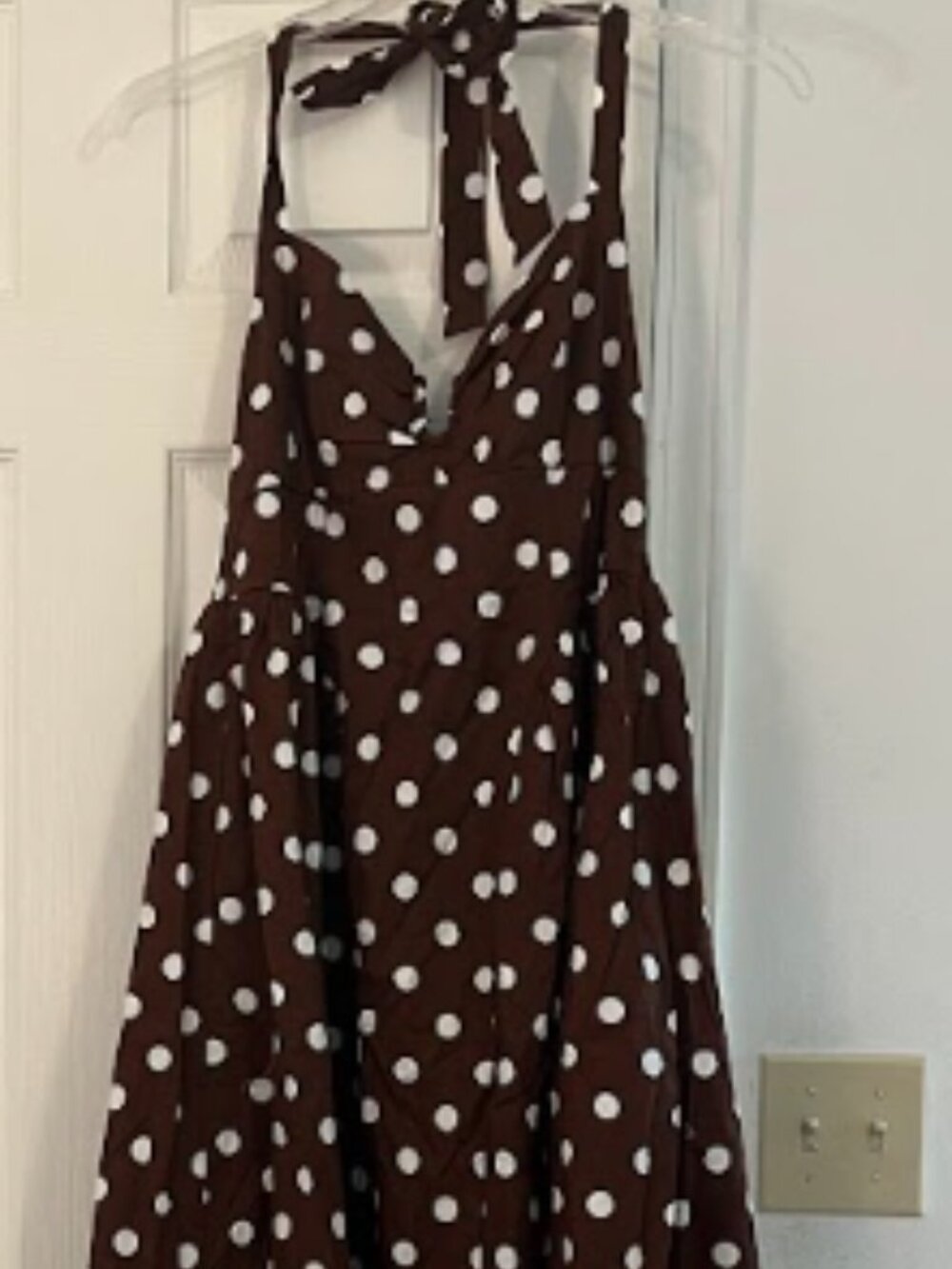 Crystal Sky Brown and White Polka Dot Halter Midi Dress NWOT L Shirred Back
